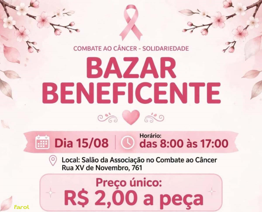 Associação de Combate ao Câncer promove bazar beneficente neste sábado 
