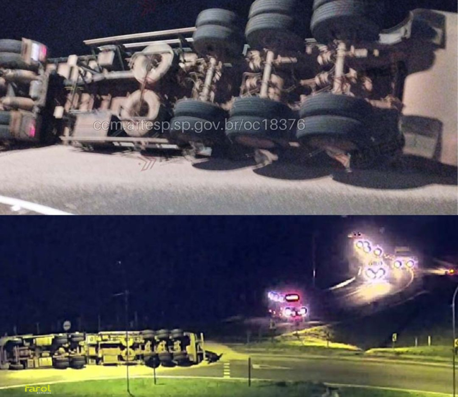 Carreta tomba na SP-281, derrama carga de feijão e interdita rodovia