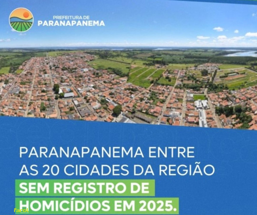Município está entre as 20 cidades da região que não registraram homicídios em 2025 