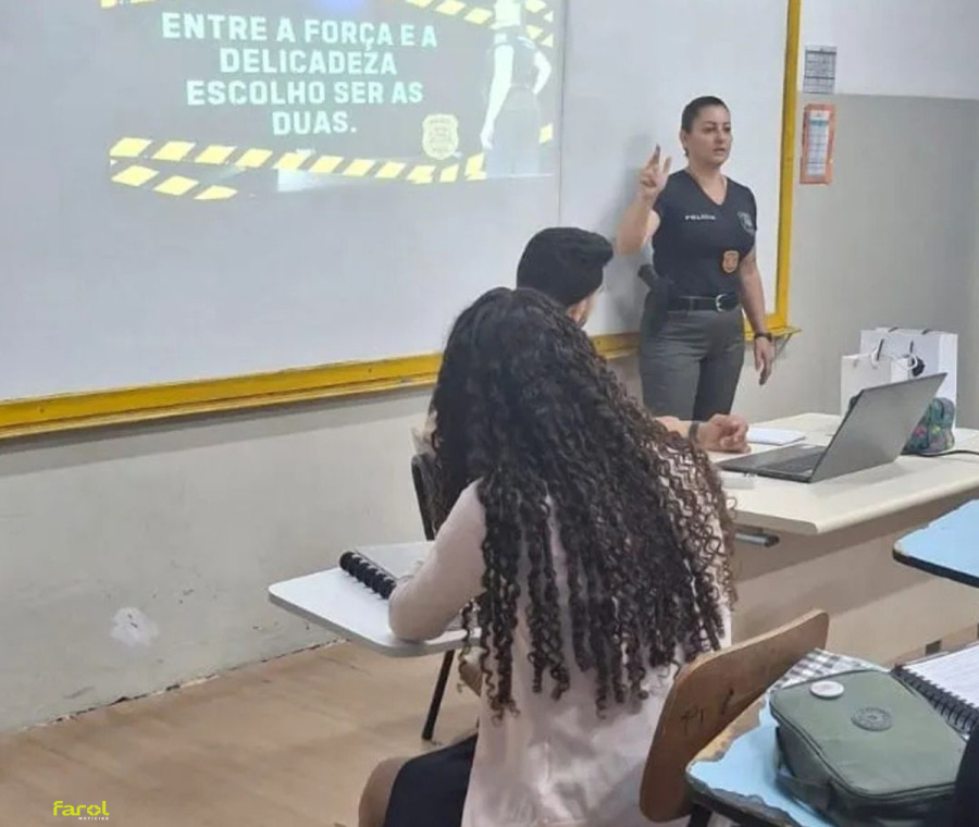 Policial Civil ministra palestra em escola e inspira jovens sobre carreira, vocação e escolhas de vida