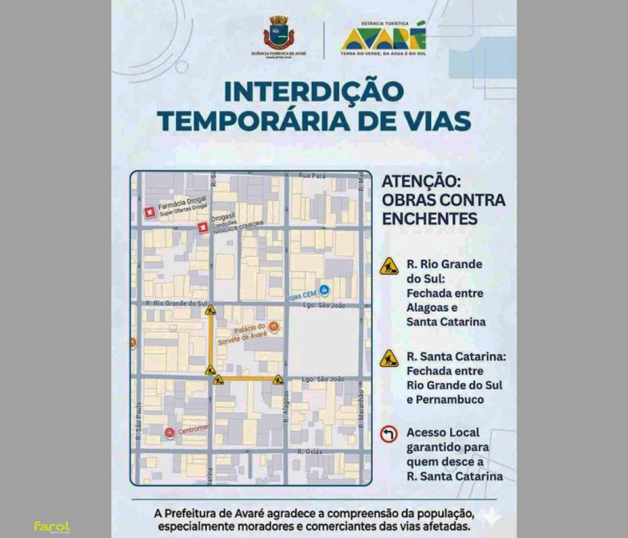 Trecho da Rua Rio Grande do Sul é interditado para continuidade de obras contra enchentes 